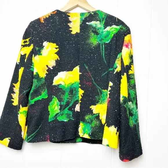 Escada Tweed Black Yellow Floral Cropped Jacket Women’s Size Large/EU40